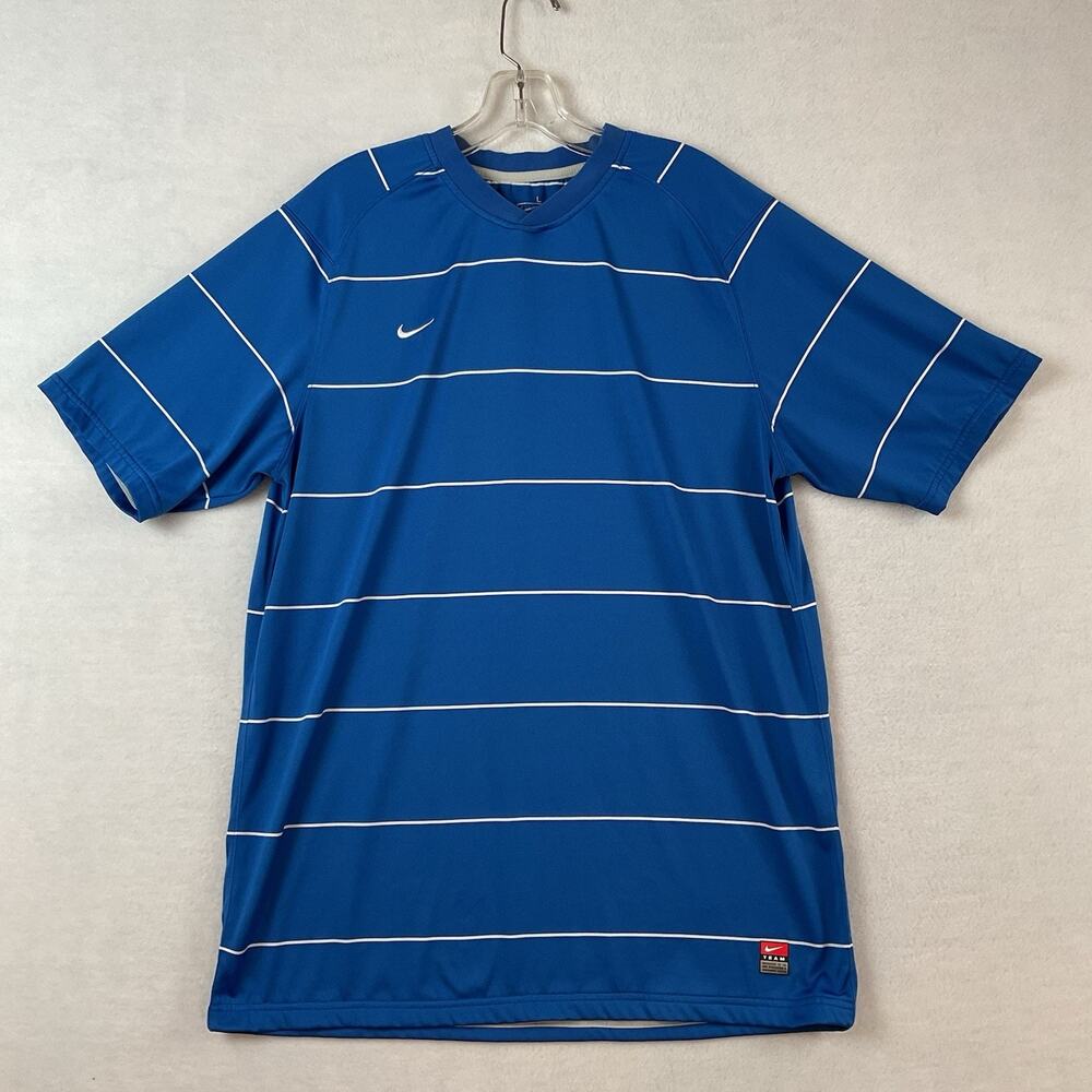 Nike Team Fit Dry Dri Fit Shirt Mens L Blue White Striped Short Sleeve Athletic